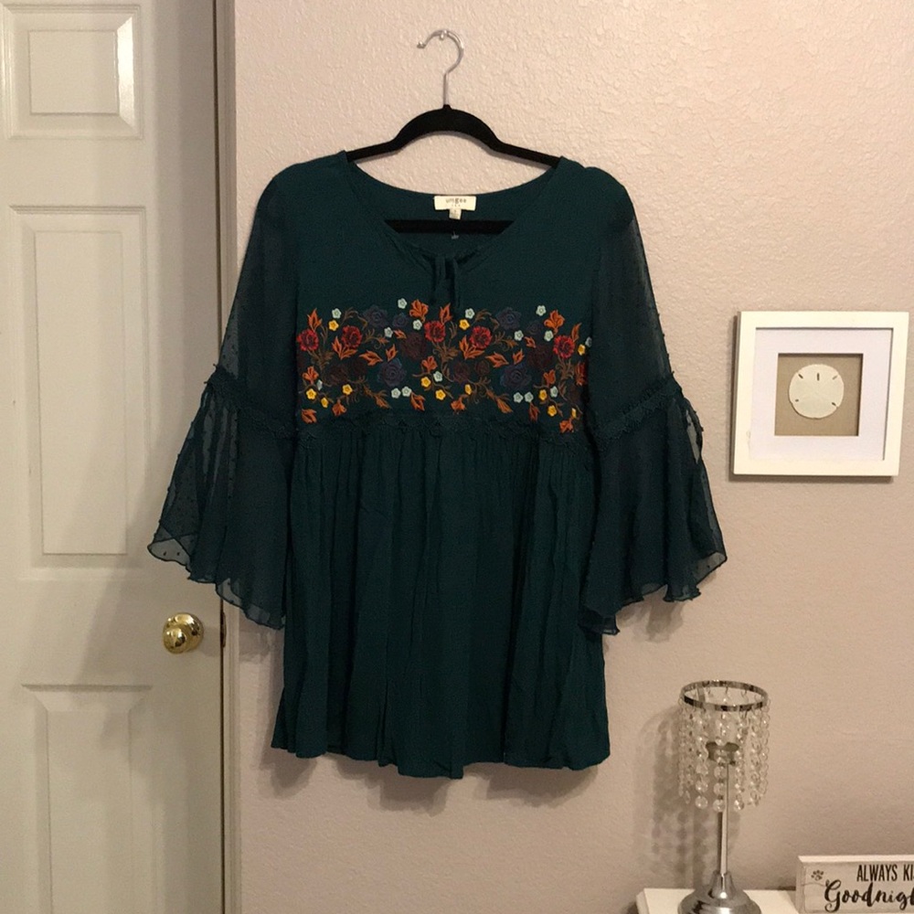 Blue green floral blouse